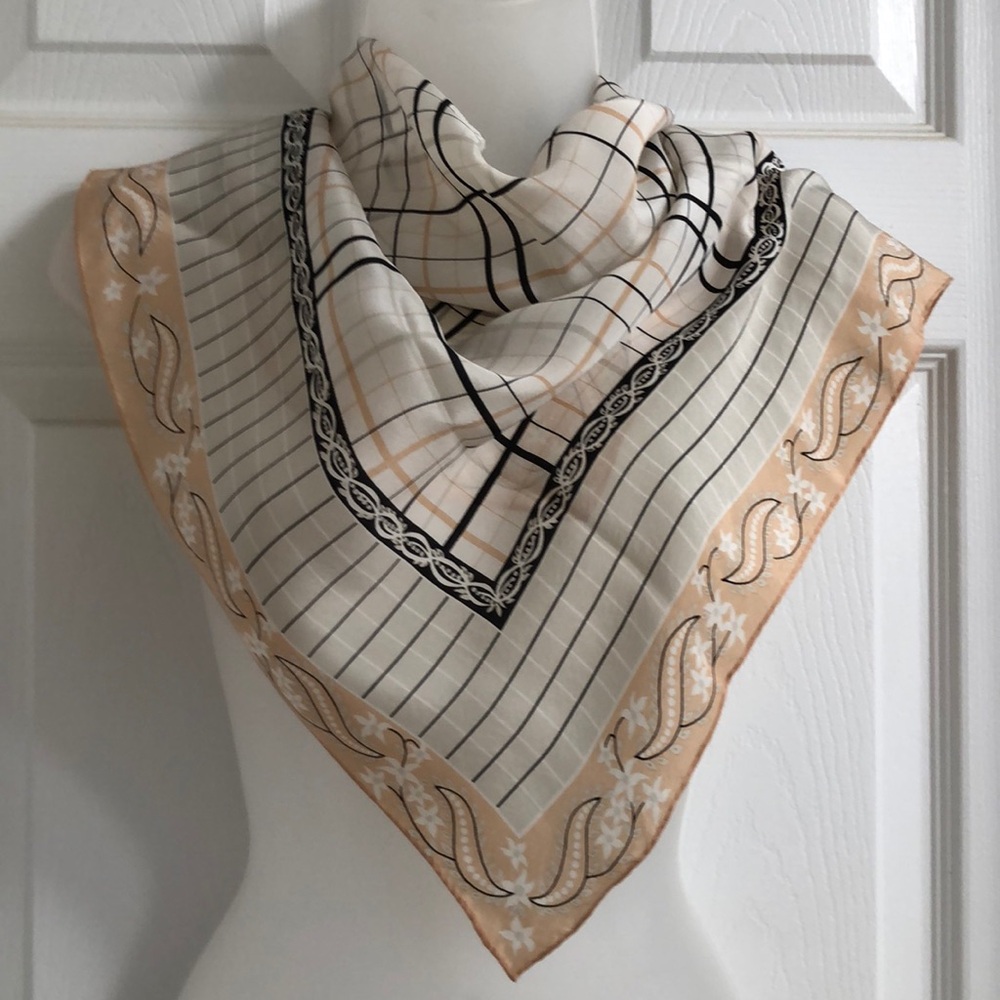 Elegant Sally Gee Square Scarf Silk Plaid Pattern Neutral Colors VTG
